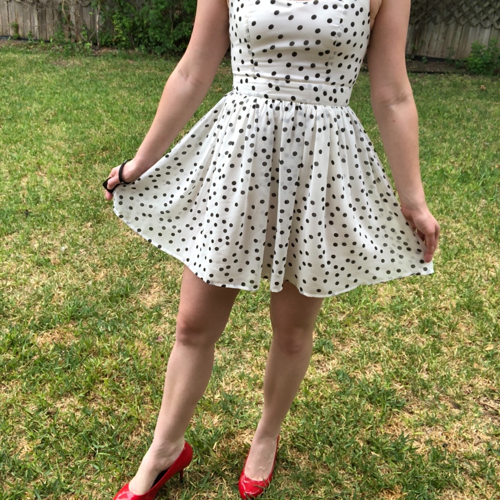 White Black Polka Dot Mini Halter Key Hole Dress